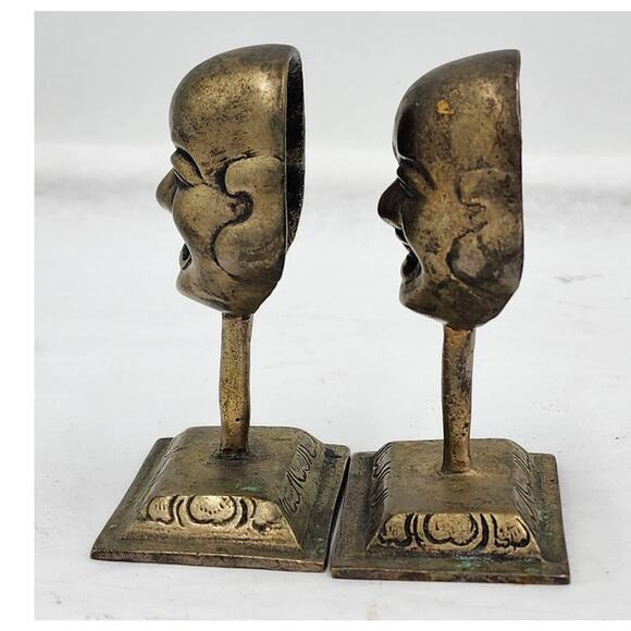 Laughing Buddha Pair Statue Figurines Brass Asian On Miniature Stand 3.5" - Picture 7 of 10